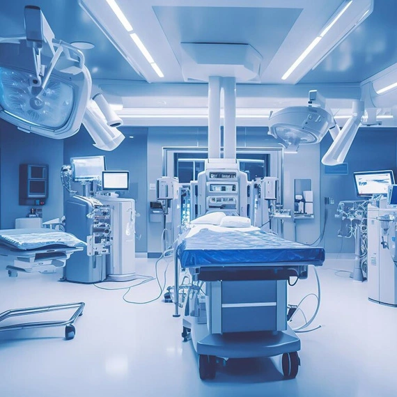 A hospital bed with bright lights and cutting-edge medical equipment signifying a well-equipped room